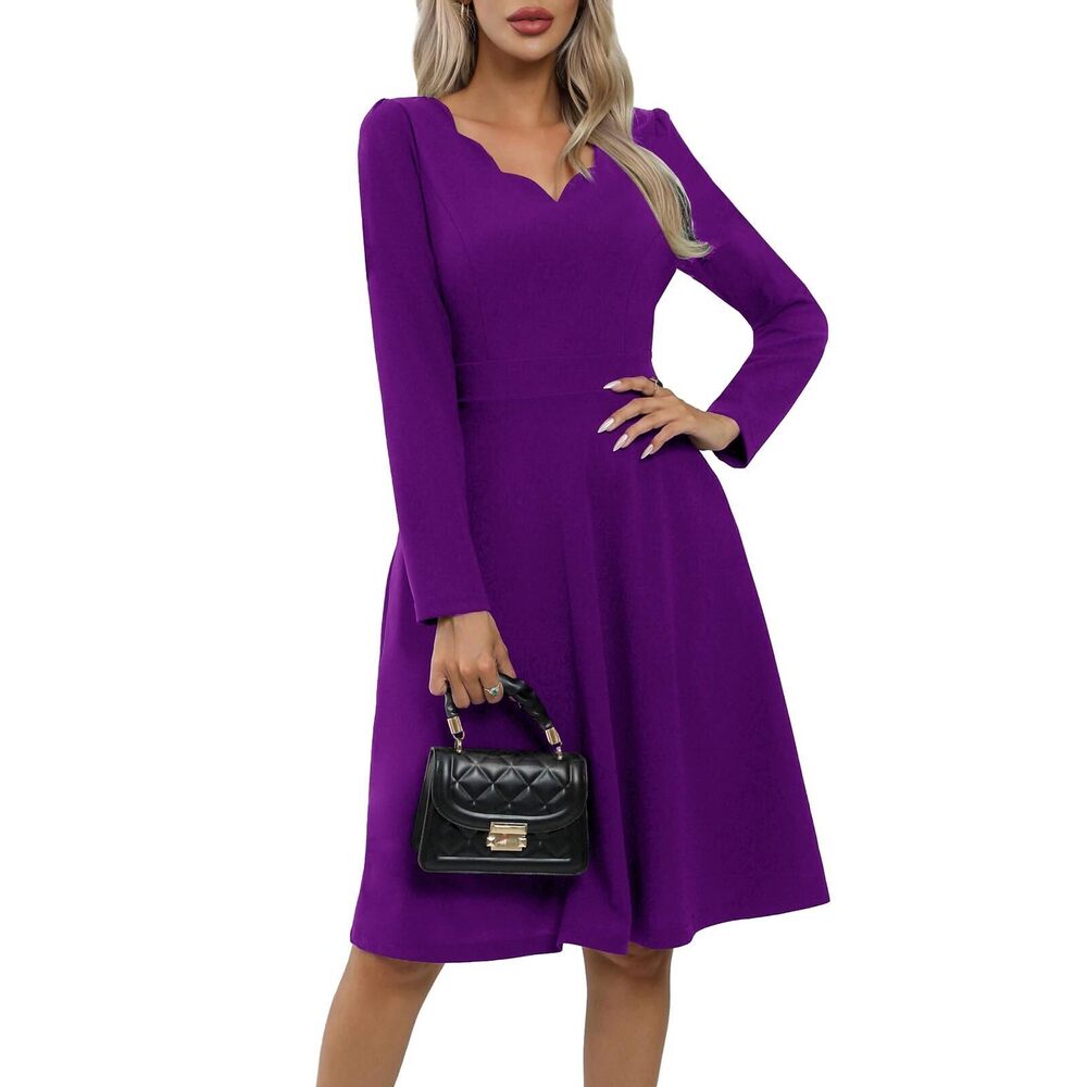 1987 Elegant Vintage Spring Summer Scallop Trim V-Neck Casual Work Dress